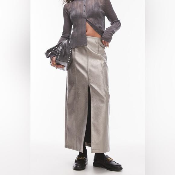 TOPSHOP NWT Metallic Faux Leather Maxi Skirt Size 8 - Picture 1 of 15
